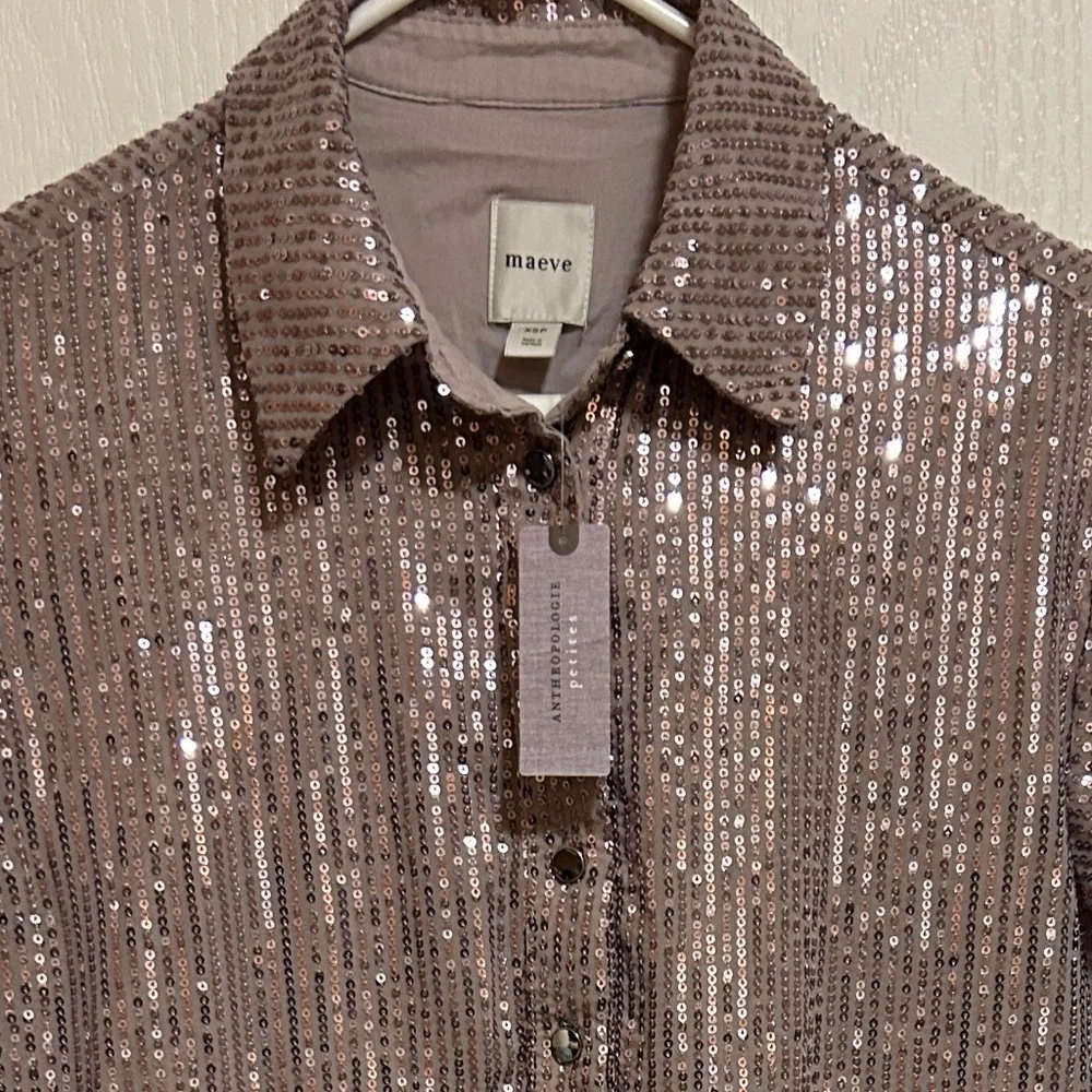 NWT! Women's Anthropologie Maeve Bettina Tiered Sequin Shirt Dres XSP - Picture 3 of 13